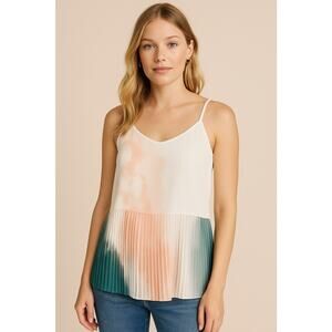 Nine West Pleated Boho Chic Tank Top Women’s Small Watercolor Ombre Blouse Cami